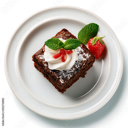 Square chocolate brownie with cream and mint garnish on a ceramic plate