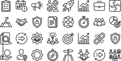 A comprehensive hand drawn business icon set vector bundle featuring various professional symbols for marketing strategy management and corporate growth concepts