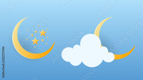 Crescent Moon, Stars and Cloud Night Weather Icons Set in Paper Cut Style
