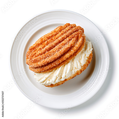 Delicious Churro Ice Cream Sandwich Dessert Served on White Plate