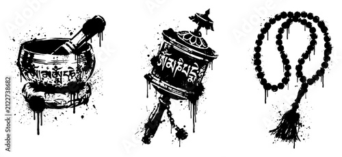 Fotografie Buddhist singing bowl prayer wheel and mala beads black ink splatter grunge styl