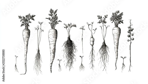 Vintage Botanical Illustration of Various Root Vegetables and Plants.