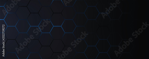 Dark gray and blue horizontal hexagonal technology abstract vector background. Blue bright energy flashes under hexagon in futuristic modern technology wide banner.