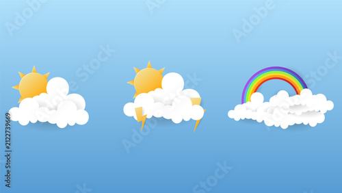 Weather Icons Set with Sun, Clouds, Lightning and Rainbow in Paper Cut Style