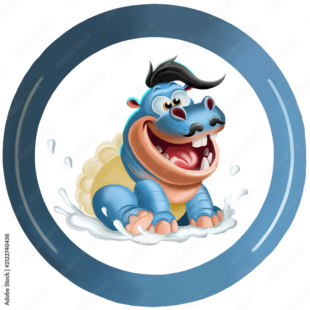 Obraz premium Round plate design with a cute blue hippo character, dumplings, potatoes, and dill, children's tableware illustration.
