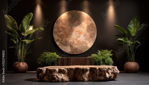 Exotic Stage Design with Natural Elements and Circular Art.