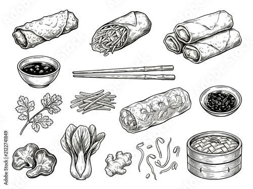 Spring roll sketch set with chinese ingredients and chopstick, black ink vector illustration isolated on white background