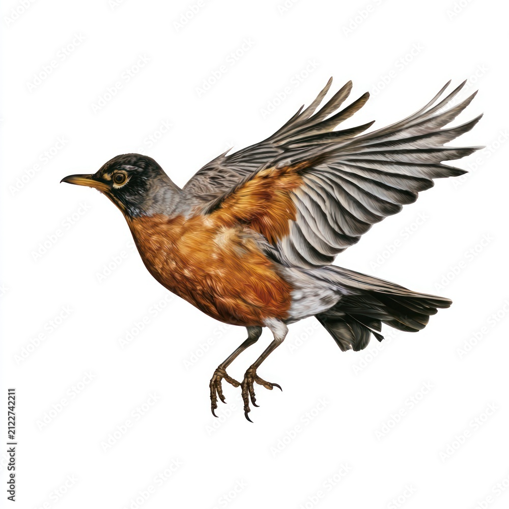 Fototapeta premium Illustration of a flying robin on white background.