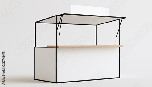 Modern Minimalist Market Stall Stand with Wooden Counter and White Panels.