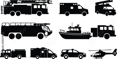 Cuadro en lienzo Emergency Vehicles Icon Set Featuring Fire Truck, Ambulance, Rescue Boat, Comman