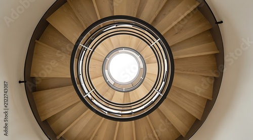Looking up a circular wooden staircase with a bright light at the top.