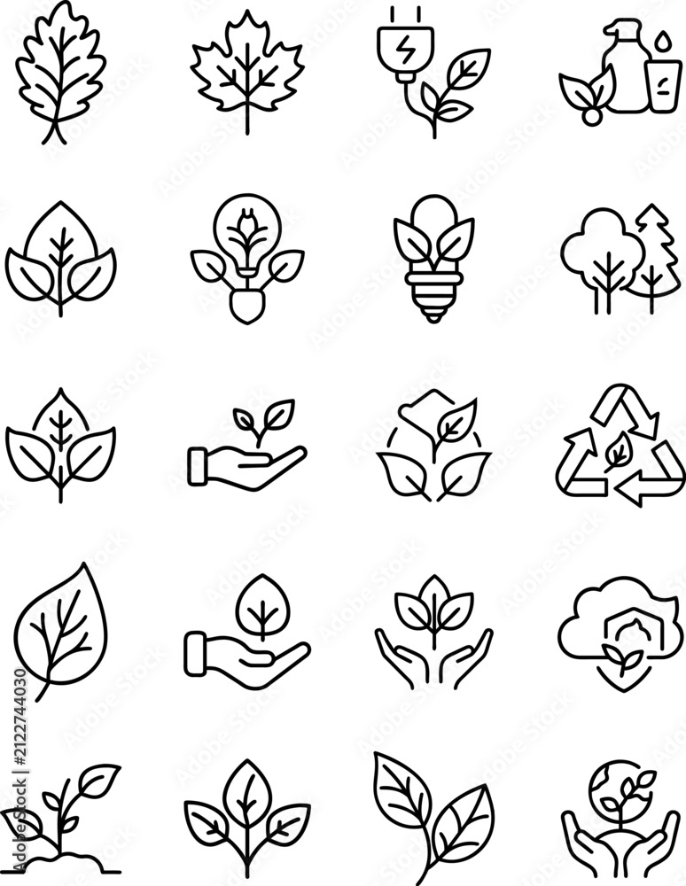 Fototapeta premium Eco friendly leaf icon set. Sustainable nature symbols for green energy and environment design.
