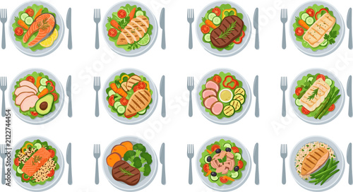 Healthy main course meals on plates vector icon set featuring flat illustrations of grilled chicken steak salmon fish salads and vegetables for diet menu design