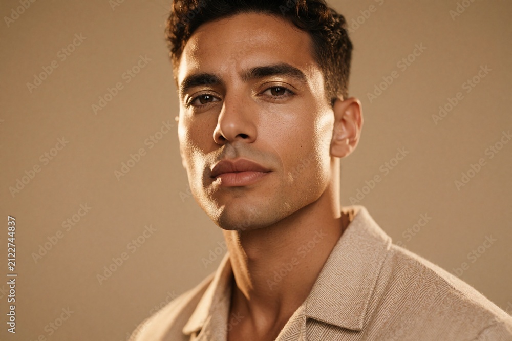 Obraz premium Charismatic Latin Man Portrait with Warm Amber Lighting and Beige Studio Background