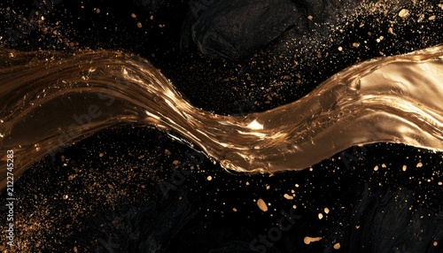 Abstract Golden Liquid Wave Flowing Through Dark Textured Background with Glittering Particles.