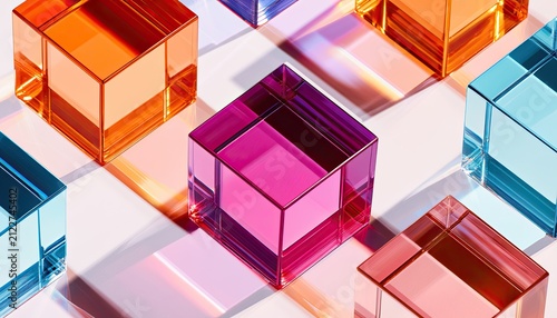 Colorful Geometric Acrylic Cubes with Light Refractions.