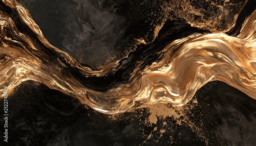 Abstract Golden Liquid Flowing Waves on Dark Textured Background.