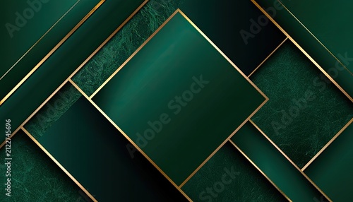 Elegant Emerald Green Geometric Background with Gold Lines.