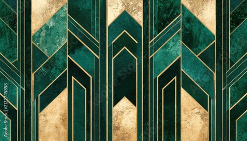 Elegant Art Deco Geometric Pattern with Emerald Green and Gold Accents.