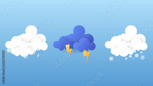 Weather Icons Set with Rain, Thunderstorm and Snow in Paper Cut Style