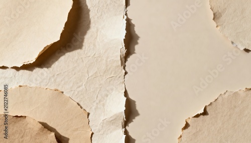Crumpled torn paper with rough edges and textured surface on a beige background, showing close-up detail of weathered and shredded paper sheets for creative or craft projects.