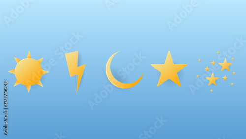 Celestial and Weather Icons Set with Sun, Lightning, Crescent Moon and Stars in Paper Cut Style