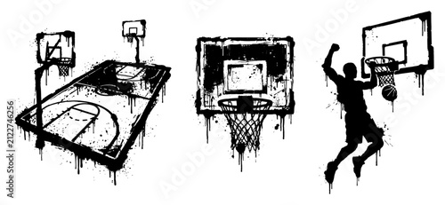 Quadro su tela Basketball court and dunking player silhouettes in black ink grunge style