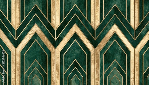 Elegant Art Deco Geometric Pattern with Emerald Green and Gold Accents.