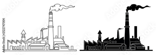 Industrial factory silhouettes with smoking chimneys, outline and solid black on white background industry