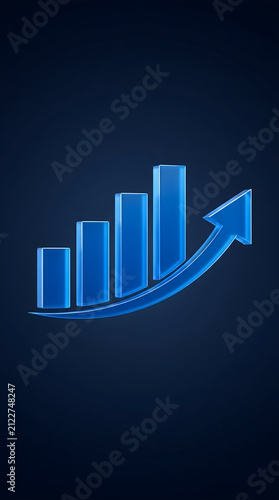 Minimalist Electric Blue 3D Bar Chart with Upward Trend Arrow Floating Against Dark Navy Background