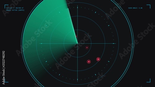 Radar screen with moving blips and sweep during night operation for defense or navigation