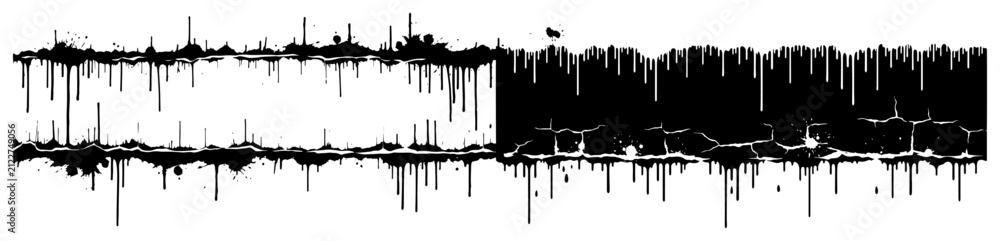 Obraz premium Horizontal border with cracked wall texture and dripping ink effects