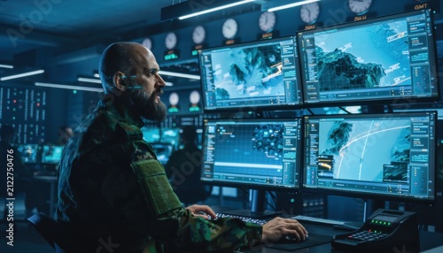 Military officer monitoring surveillance data in command center