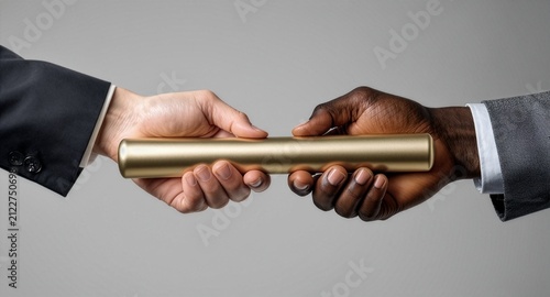 Two businesspeople in suits passing a golden baton over a gray background. Concept of leadership transition, business succession, teamwork corporate partnership, and cooperation.