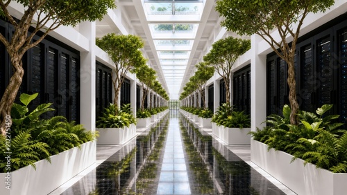Indoor forest corridor between server racks in a sustainable data center