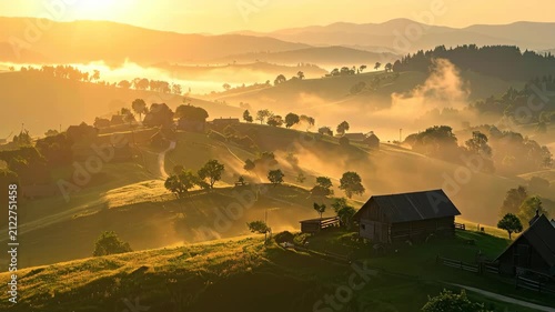 Sunrise Over Rolling Hills and Misty Countryside Landscape Scene.