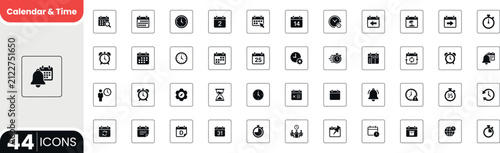 Calendar and time solid icons set featuring schedule planning reminder appointment deadline event stopwatch meeting productivity and planning.