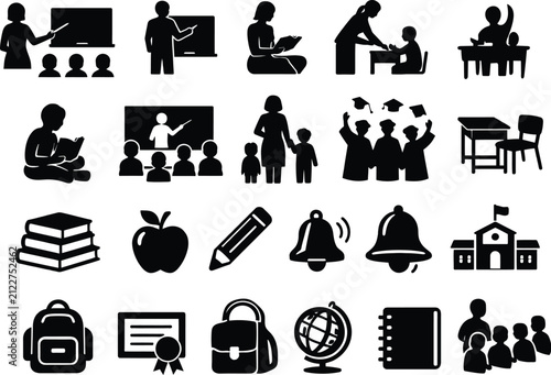 Education Silhouette Icon Collection with School and Classroom Essentials