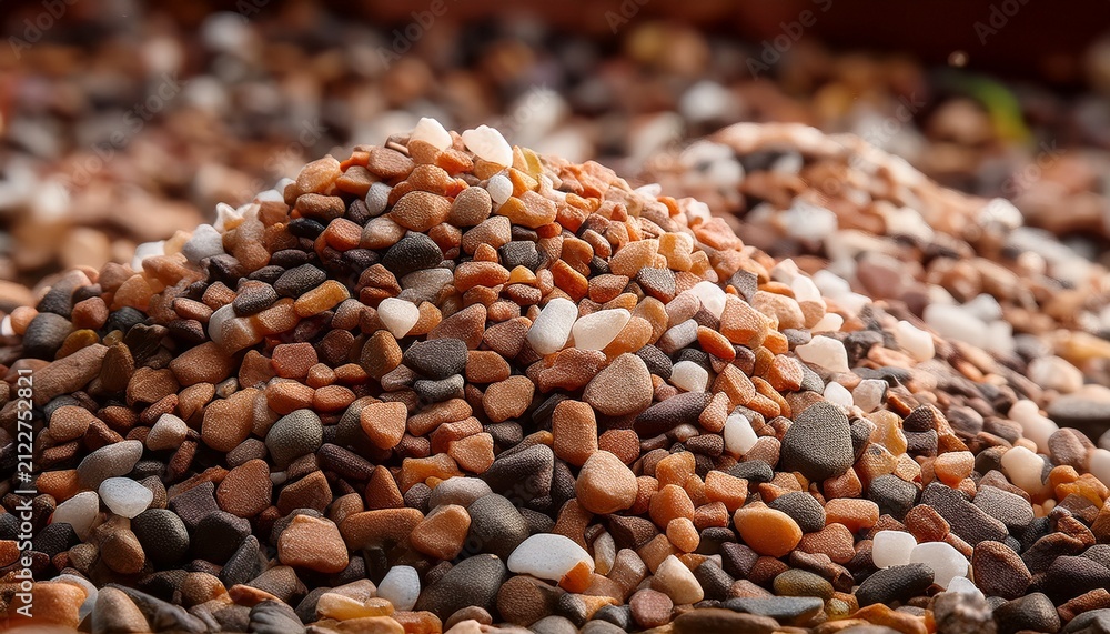 Obraz premium closeup medium shot of earthtoned mineral granules tumbling showcasing natural hues derived from crushed stone for enhanced weather resistance on shingle surfaces