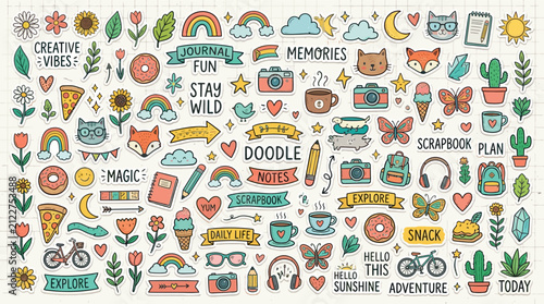 Hand-Drawn Doodle Stickers Set Featuring Cute Animals Plants and Travel Icons