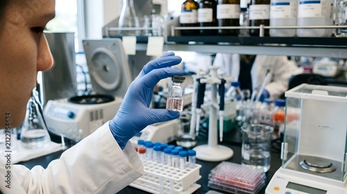 Scientist examines vial in modern laboratory with research equipment