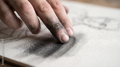 Close-up of an artist's hand with dirty fingers blending black charcoal on a textured paper sketch.