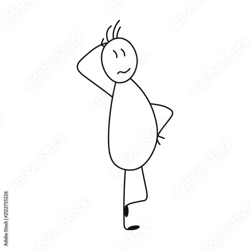 Confused hand drawn stick figure scratching head with uncertain expression in funny doodle style