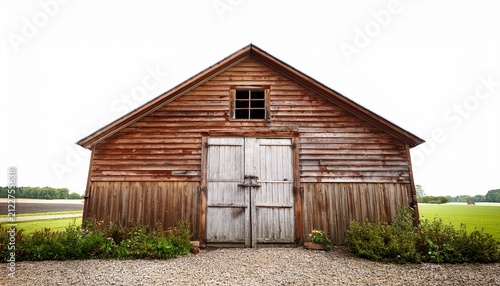 rustic weathered shed against a bright white backdrop