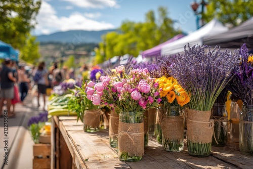 Colorful fresh-cut flowers at an outdoor market stall in Boulder, Colorado