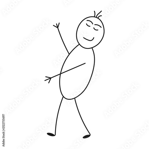 Satisfied hand drawn stick figure proudly showing something with confident gesture in playful doodle style