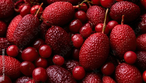 Close-up of Ripe Red Berries and Arbutus Fruits.