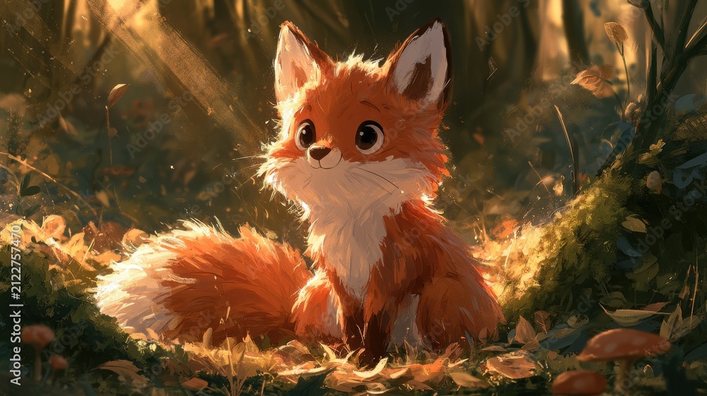 Fototapeta premium Little Fox Friend in a Sunny Woodland — Whimsical Illustration for Kids