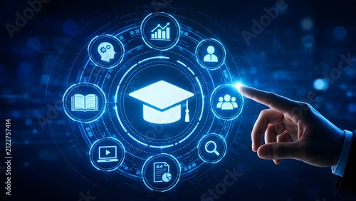 A hand interacting with a digital holographic interface showing education and e learning icons for modern online training concepts