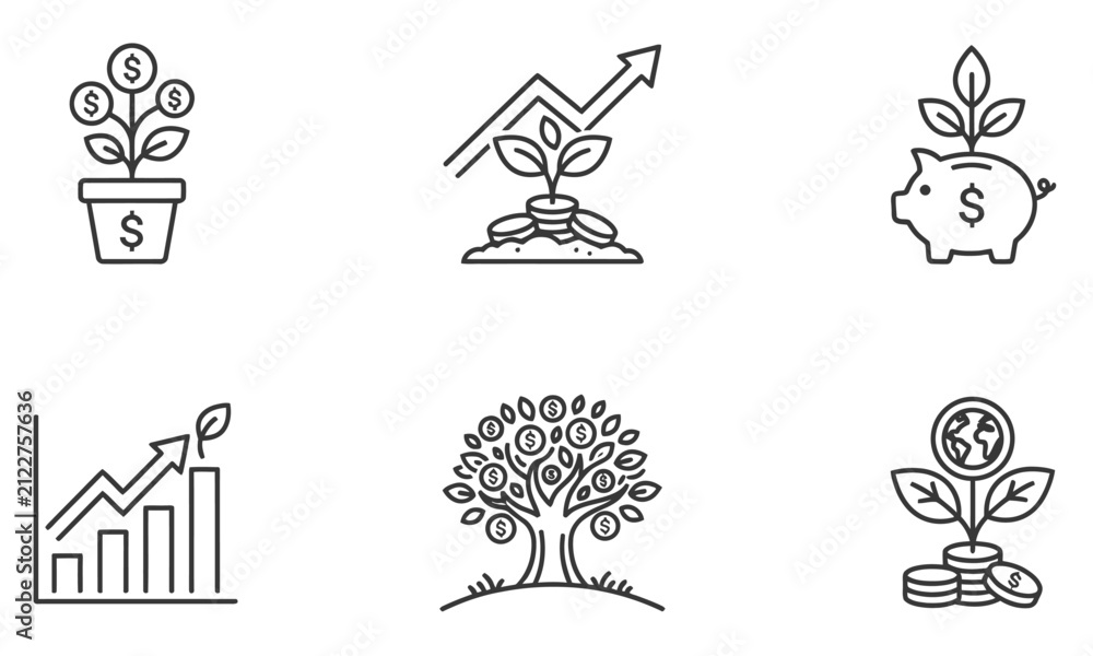 Fototapeta premium Financial growth and investment concepts with money trees, graphs, and piggy banks.